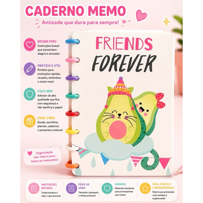 Caderno de Disco A5 capa mole, Avocado Kawaii 8 Discos Coloridos