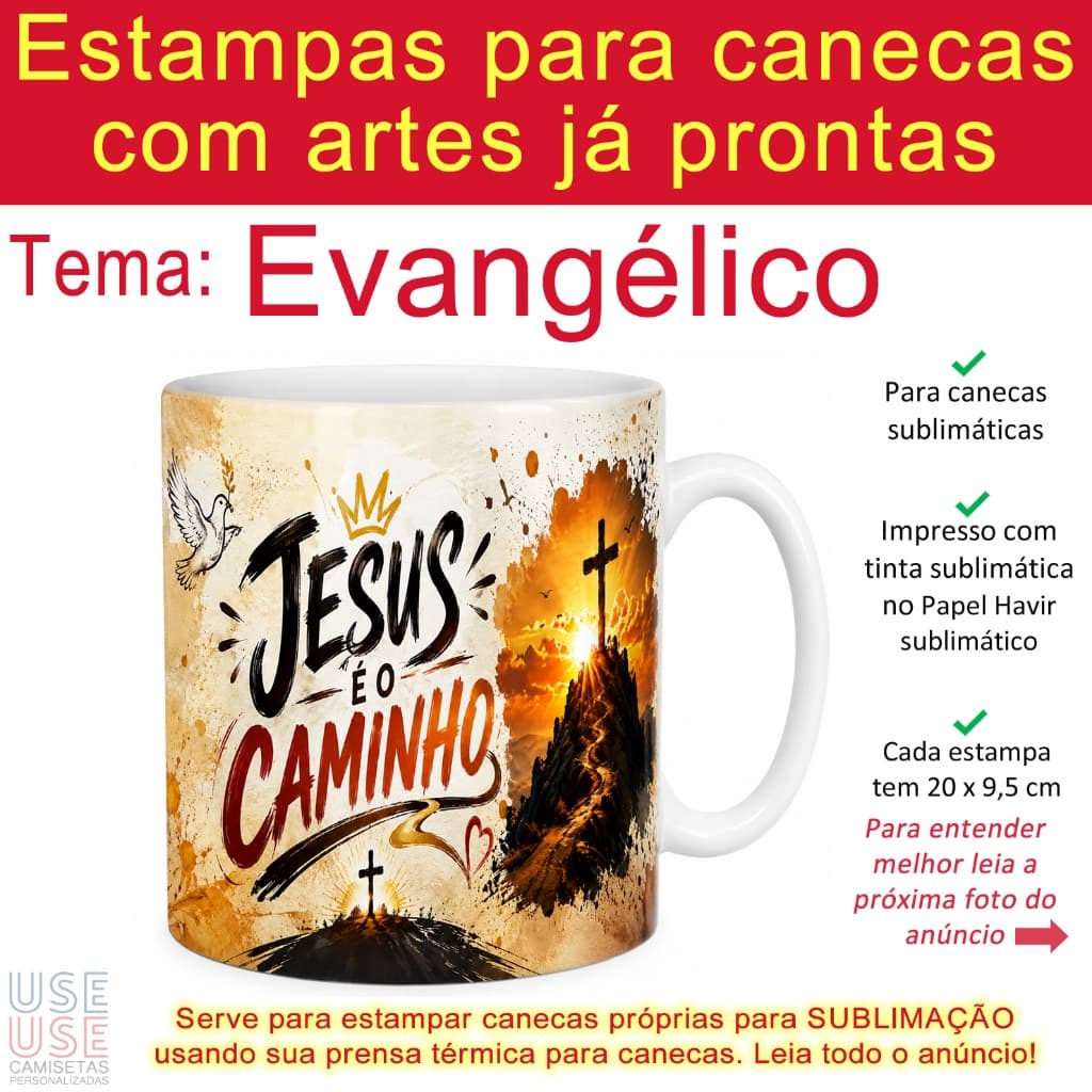 Kit 10 Artes Evangélicas para Canecas já impressas em folhas A4 papel sublimático Estampas prontas Religiosas Gospel