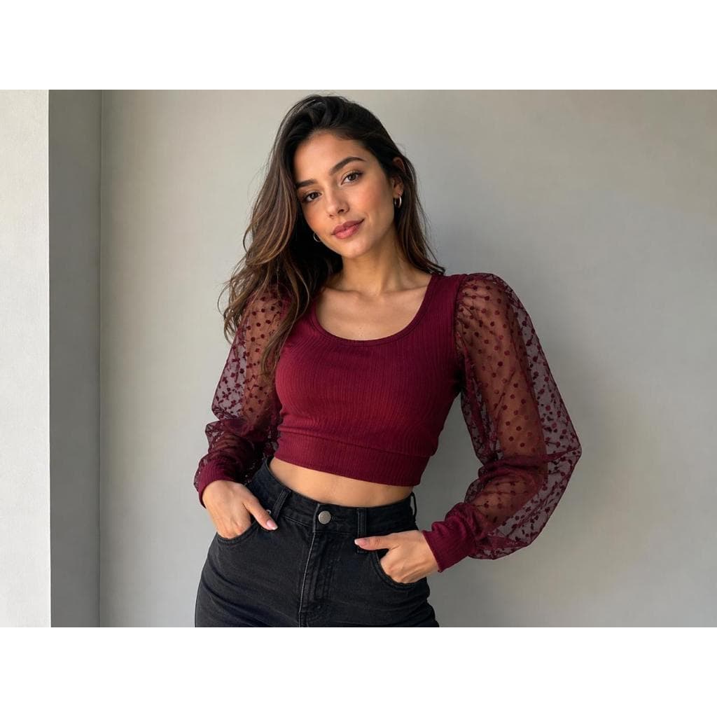 cropped canelado manga longa em tule poa bolinha