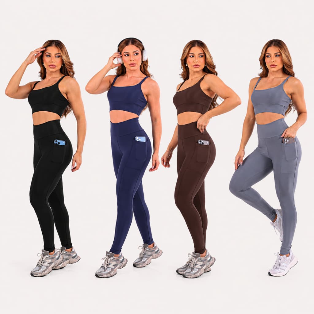 Kit 3 Conjuntos Academia Feminino Top Alcinha Calça Bolso Zero Transparência