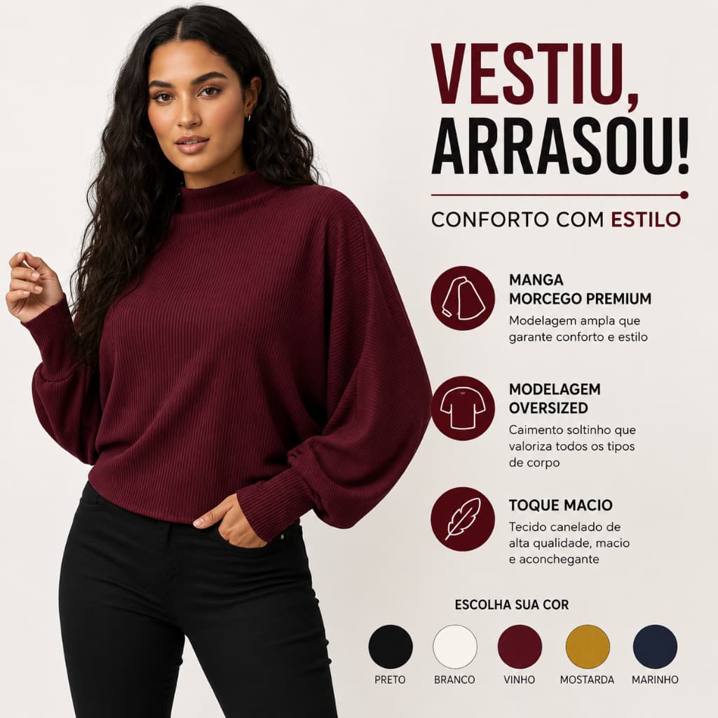Blusa Feminina Manga Morcego Manga Longa Canelada Suéter Inverno Gola Alta Oversized