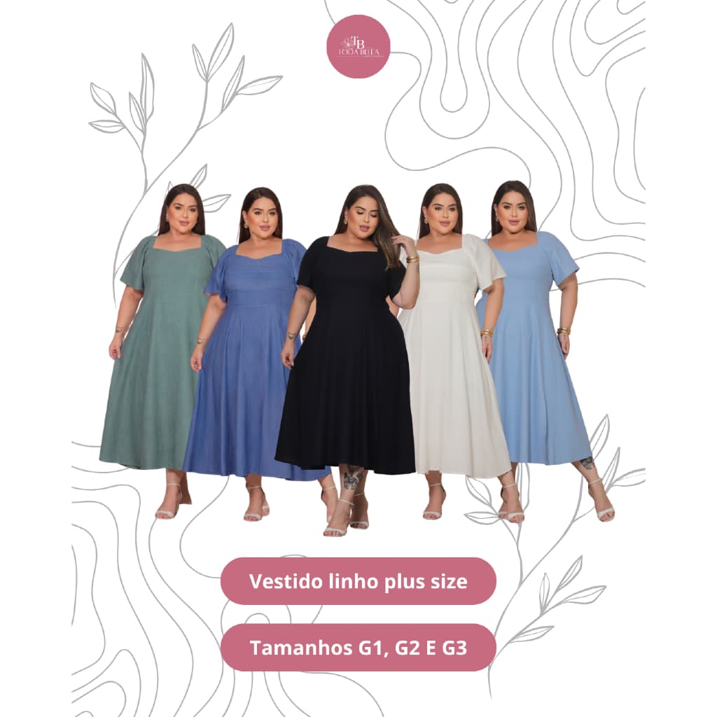 Vestido Feminino Plus Size em Linho – Comprimento midi, Manga Curta , Elástico nas Costas