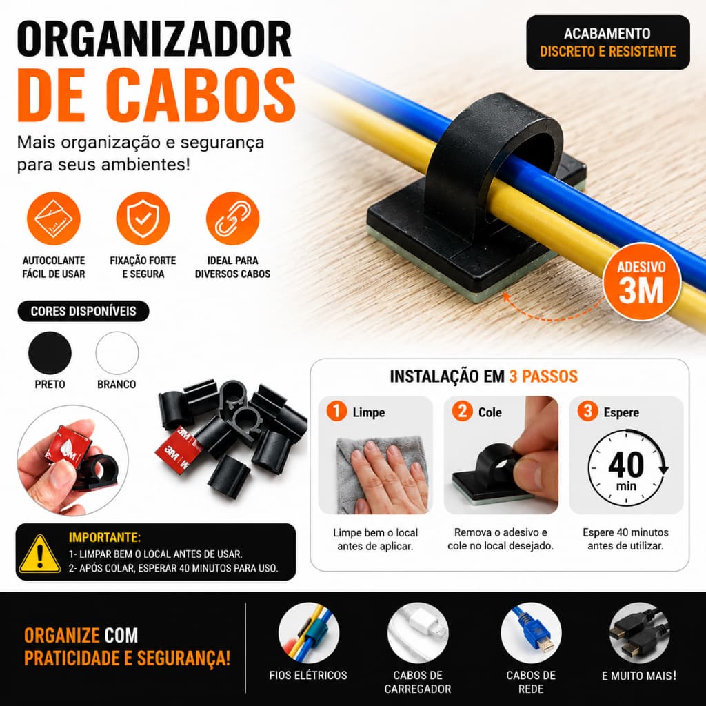 Clip Organizador de fios e cabos até 13mm com adesivo.