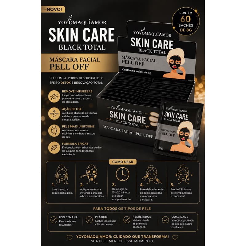 Kit com 5 Unidades Máscara facial sachê limpa e revitaliza a pele.