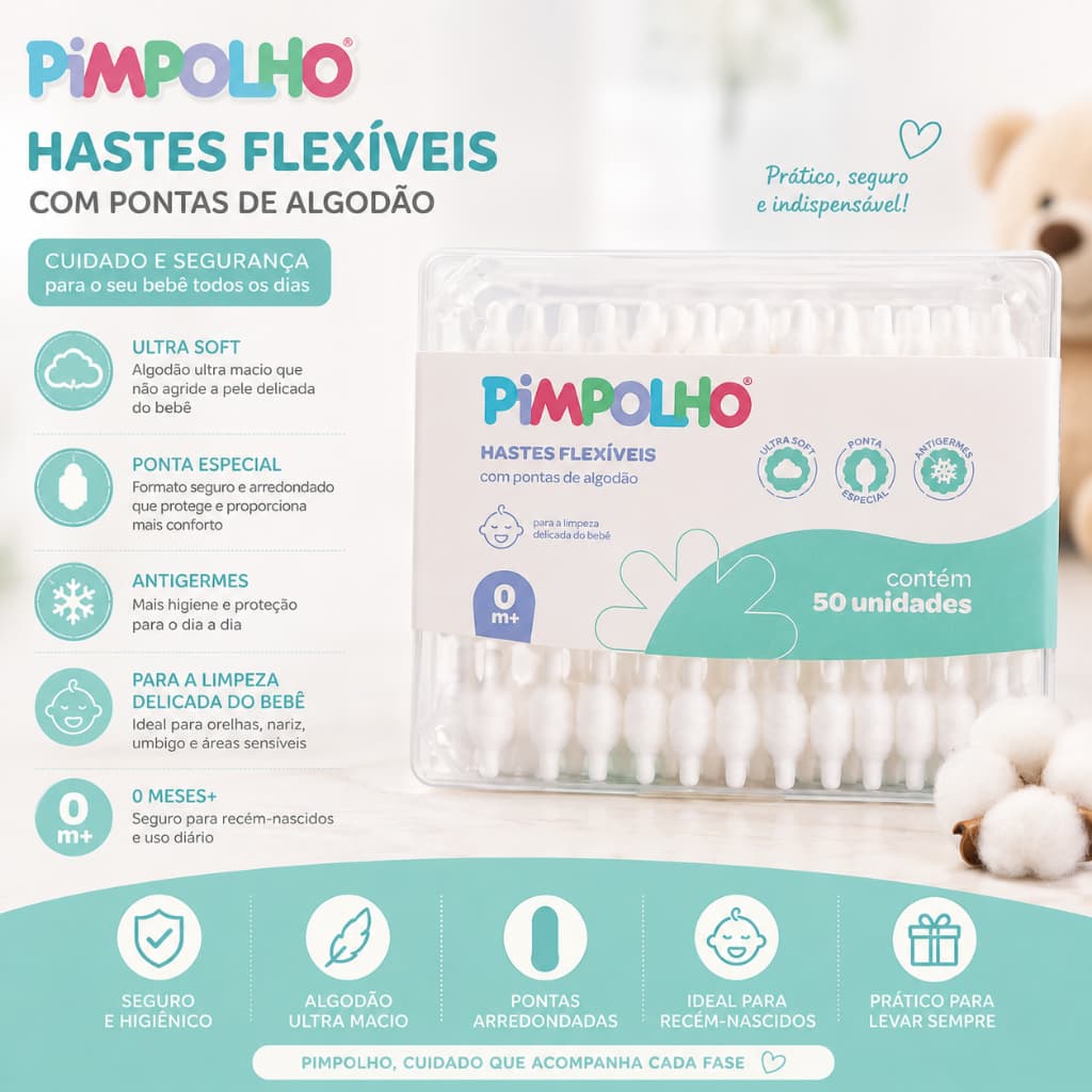Hastes Flexíveis para Higiene Infantil – Caixa com 50 Unidades