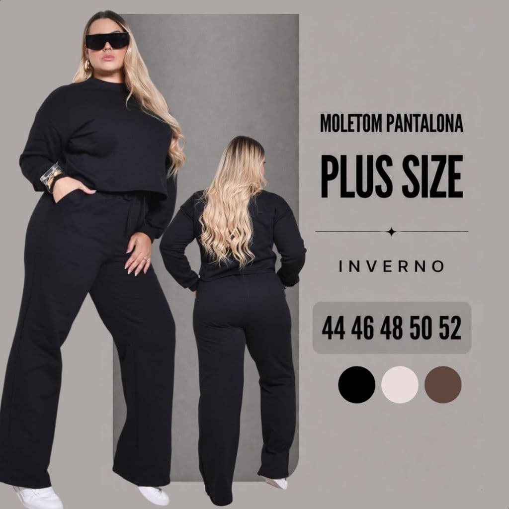 Conjunto Feminino Plus Size Moletom Pantalona Casual Boca Larga G1 G2 G3 Frio/ Inverno