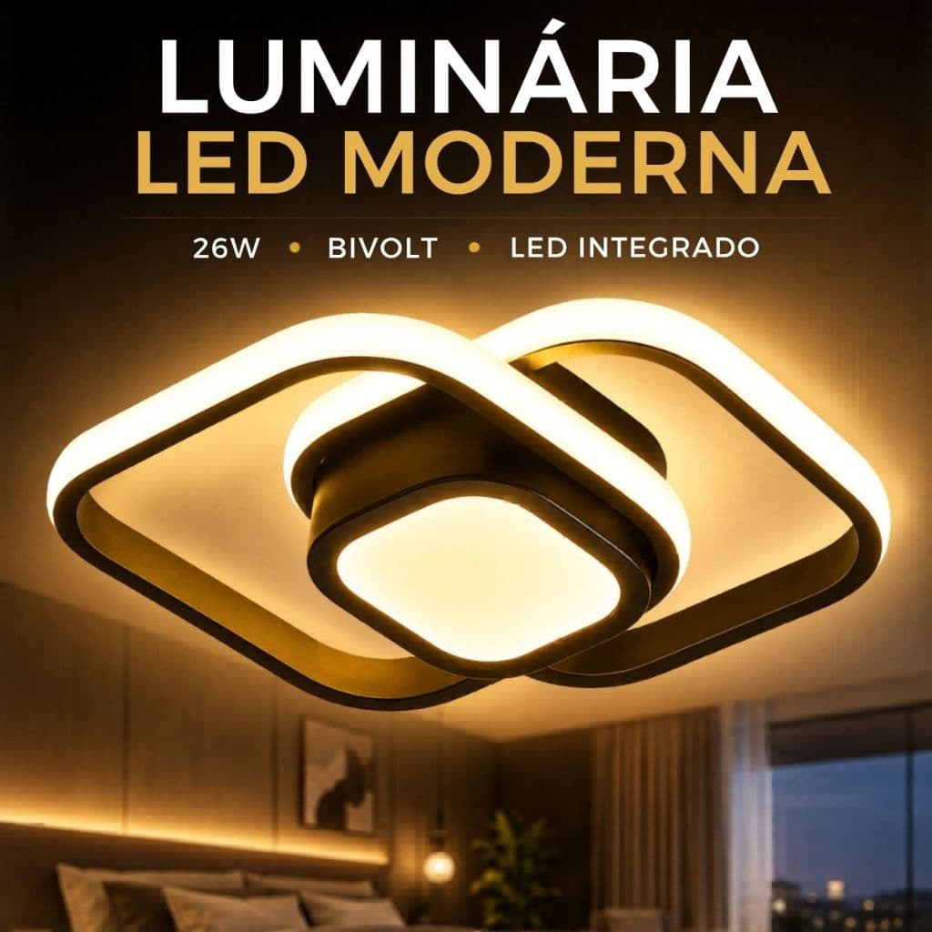 Luminária Plafon LED Teto Pendente Duplo Quadrado Luz Led Sobrepor Preta 29x29cm 26W Difusor Central