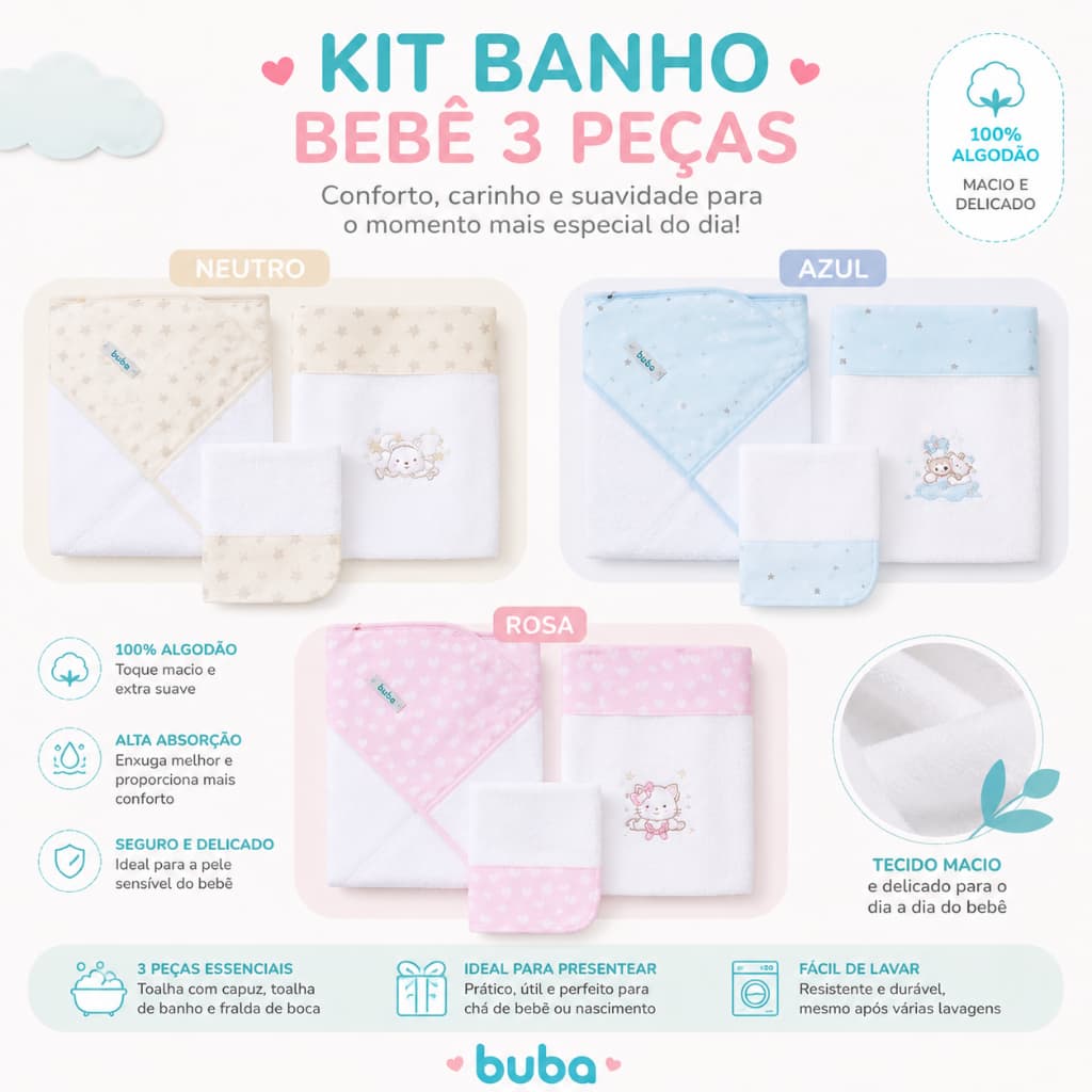 Kit Banho Bebê 3 Peças – Toalha com Capuz + Fralda + Toalha de Boca | Enxoval Completo Unissex