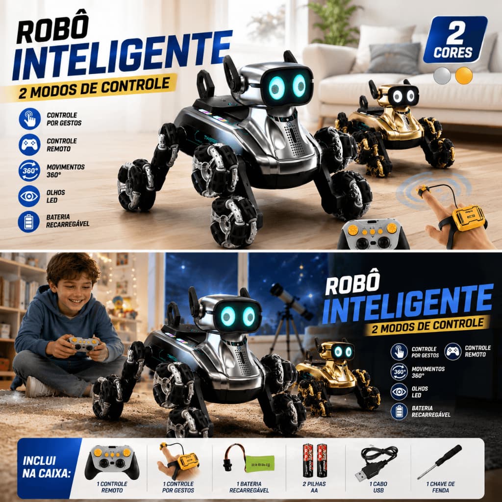 Cão Robô Inteligente com Controle por Gestos e Controle Remoto, Dança, Música, Luzes LED e Acrobacias