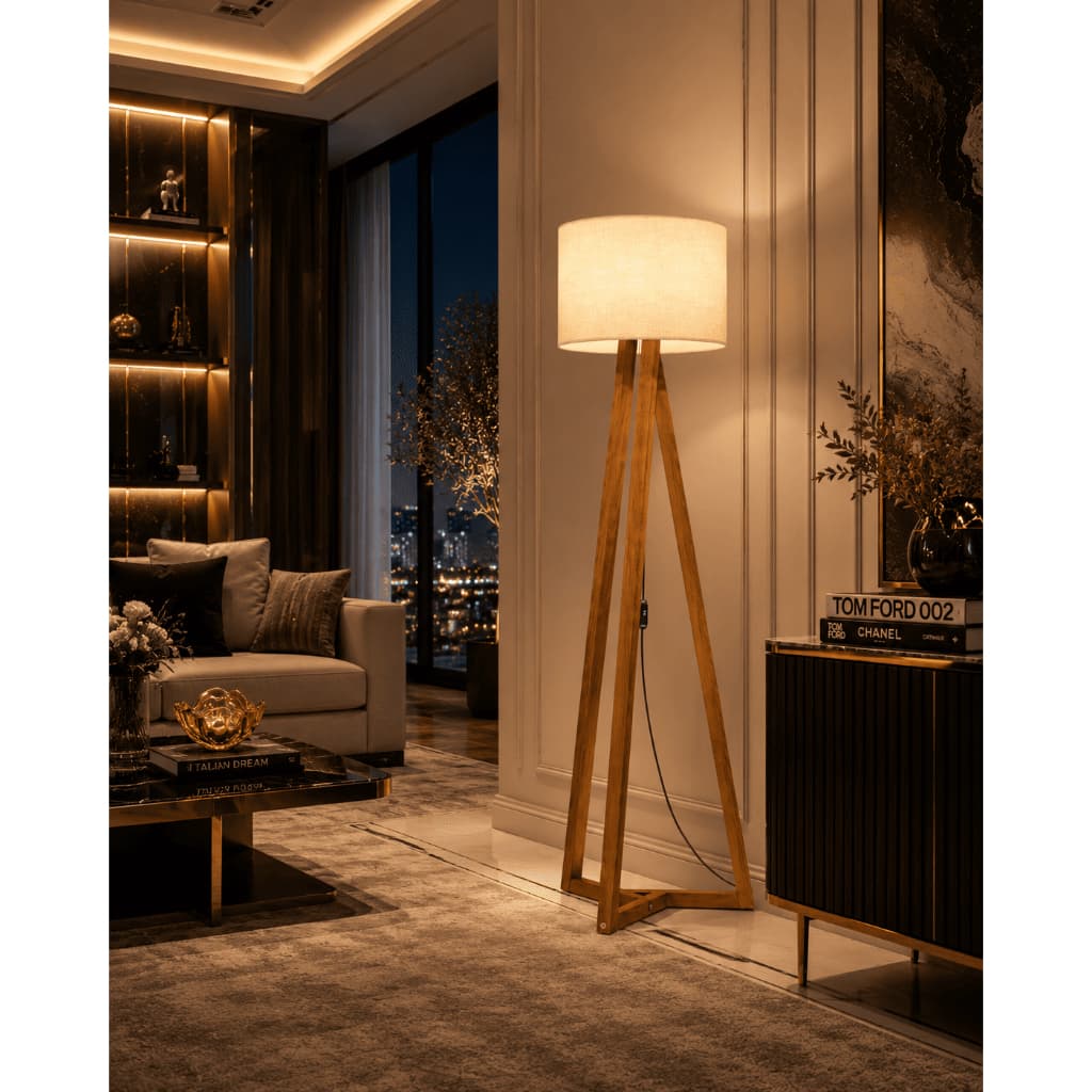 Luminária De Chão Tripé Em Madeira Com Cúpula Tecido Abajur Decorativo Sala Quarto Luxo