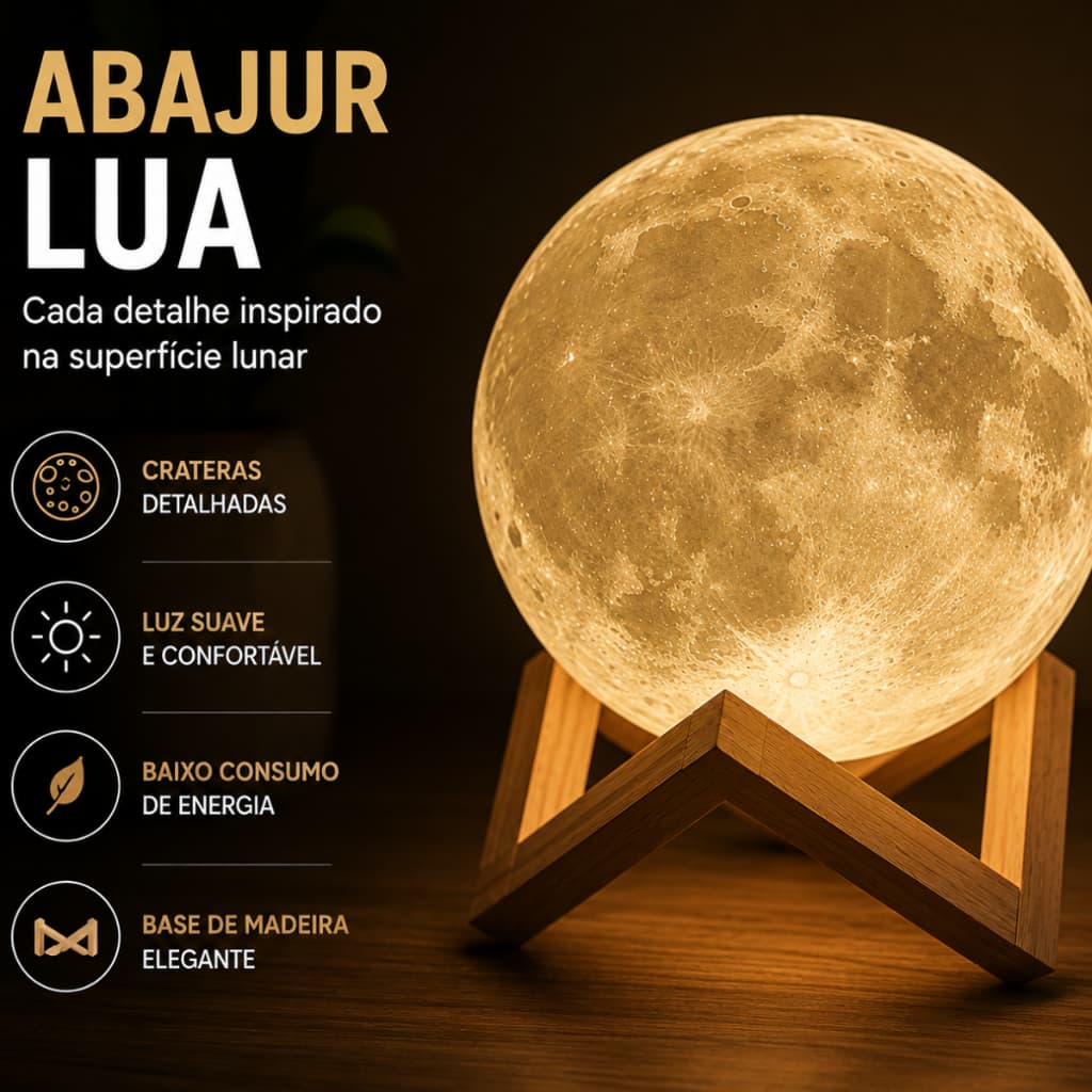 Abajur Lua 3D LED Luminária Decorativa Quarto Mesa Cabeceira Presente Criativo Base Madeira