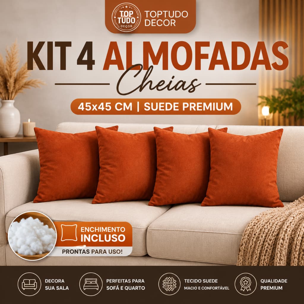 Kit 4 Almofadas Cheias 45x45 Suede Decorativa Sala Sofá Quarto