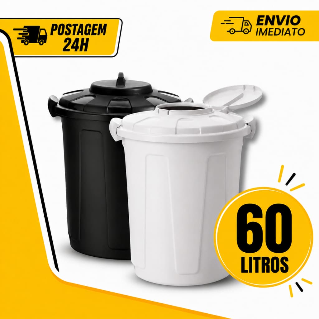 Lixeira Multiuso Cesto Com Tampa Higiênica 60 Litros Preto e Branco