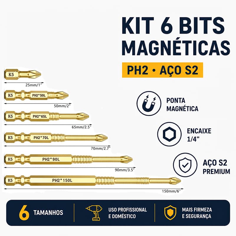 Jogo 6 Bits Phillips Magnéticos PH2 Aço S2 Encaixe 1/4" para Furadeira e Parafusadeira