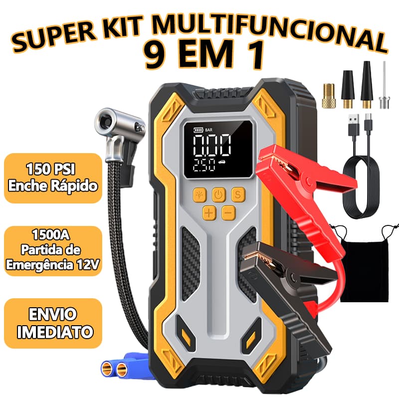 Auxiliar De Partida Automotivo 12v E Compressor De Ar Portátil Pneu Moto Carro Kit 9 Em 1