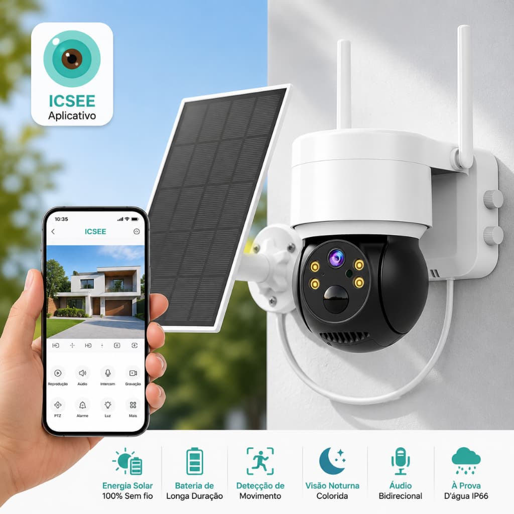 Câmera de Segurança WiFi PTZ Solar Sem Fio Externo Bateria Embutida