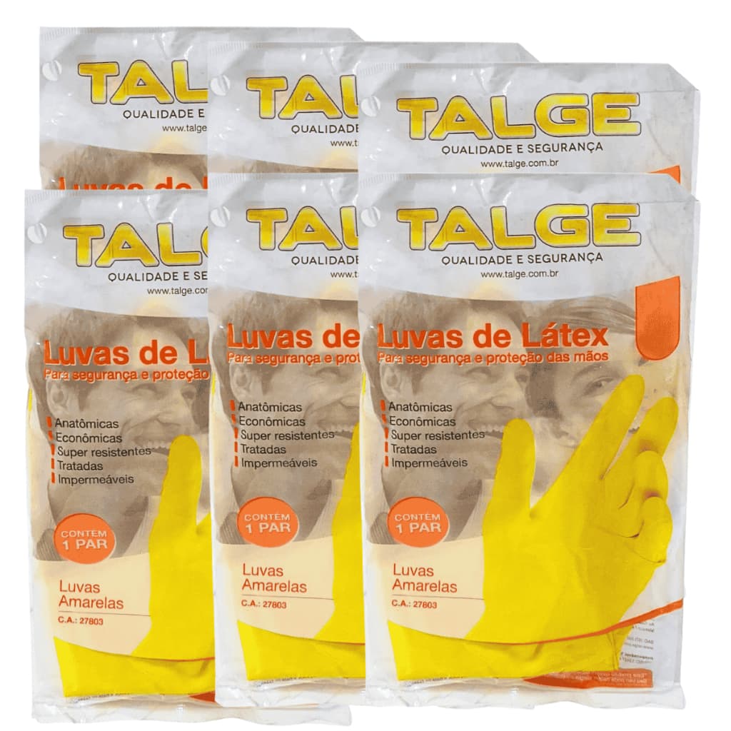 Luva Látex Multiuso Talge Amarela 1 Par - Kit 6 Pares Alta Resistência para Limpeza Estética Manicure Podologia