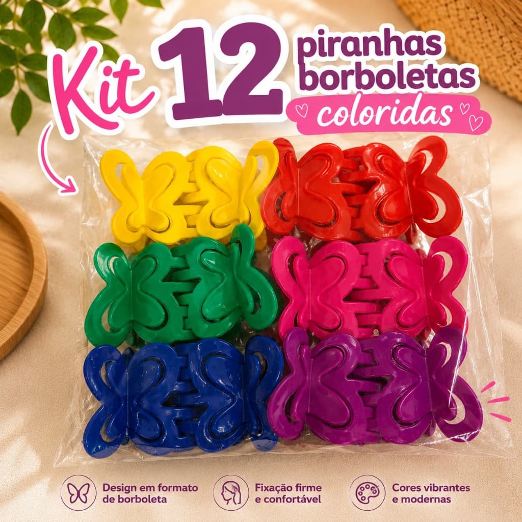 Pacote 12 Unidades Presilhas Borboleta Colorida Piranha De Cabelo Infantil Modinha Acessório Tiktok