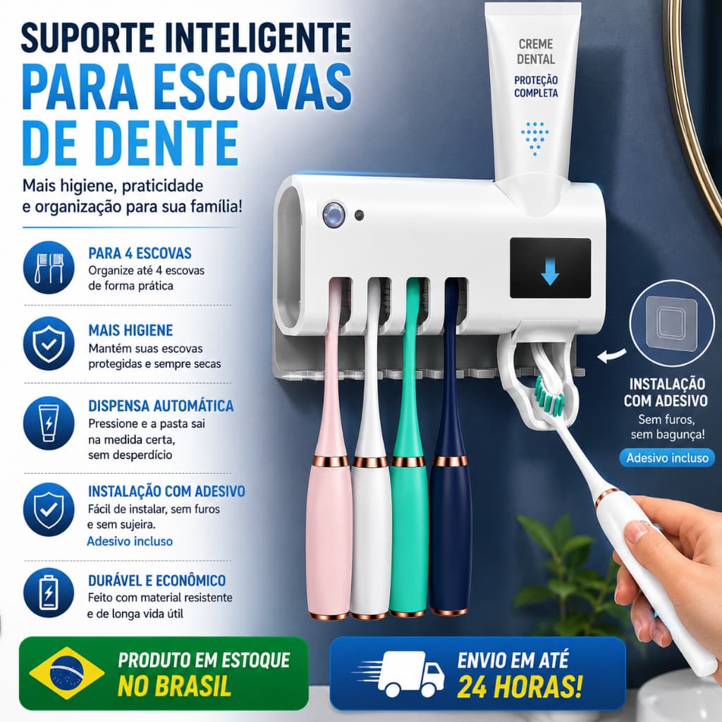Suporte Inteligente para Escovas de Dente com Dispenser Automático de Pasta Mantém as Escovas Secas