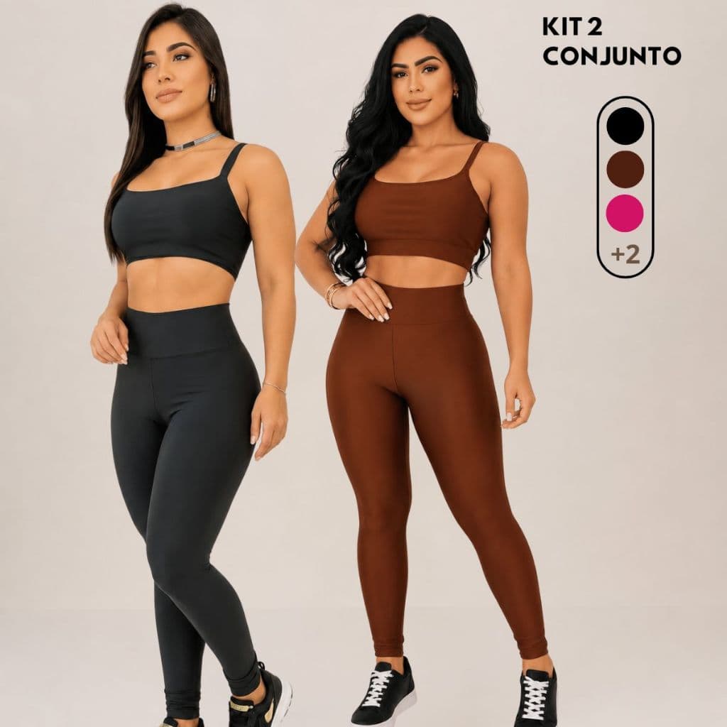 Kit 2 Conjunto Fitness Academia Treino Feminino Calça Legging + Top Alça Zero Transparência
