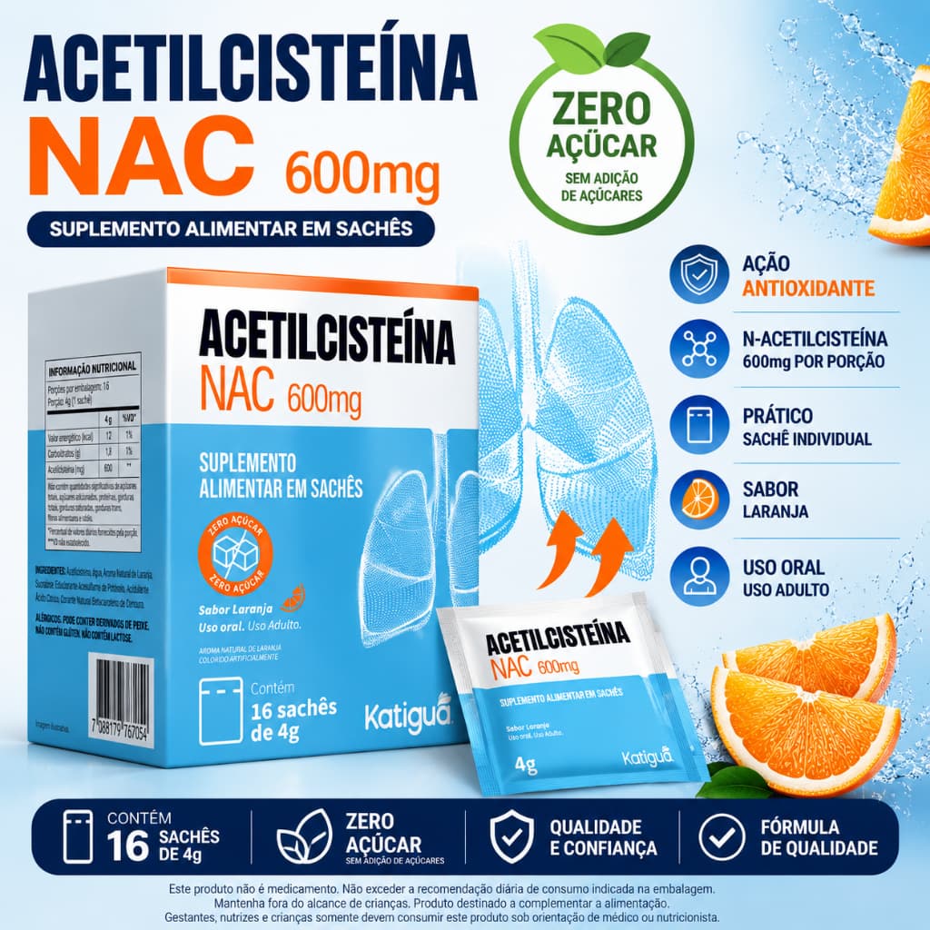Acetilcisteína NAC 600mg Katiguá 16 Sachês 4g Sab Laranja Zero Açúcar Suplemento Alimentar N-Acetilcisteína Antioxidante