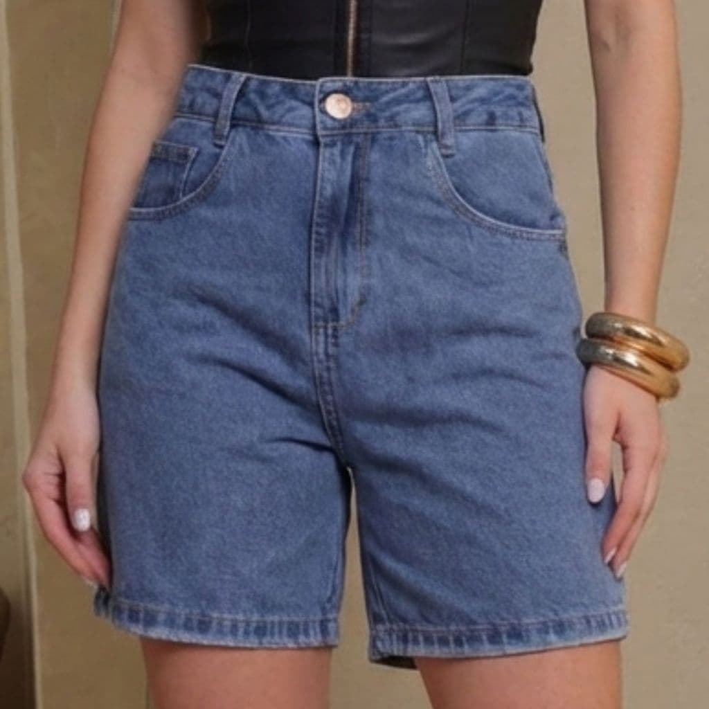 Bermuda Jeans Feminina Cintura Alta 100% Algodão Com Bolsos Funcionais Modelagem Tradicional