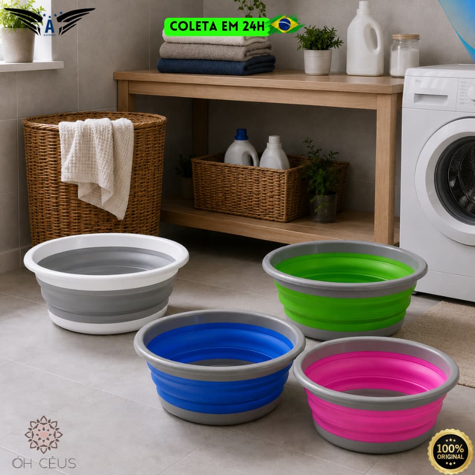 Bacia Dobrável 9,5 Litros Balde Retrátil Bompack Multiuso Silicone Resistente Portátil Lavanderia