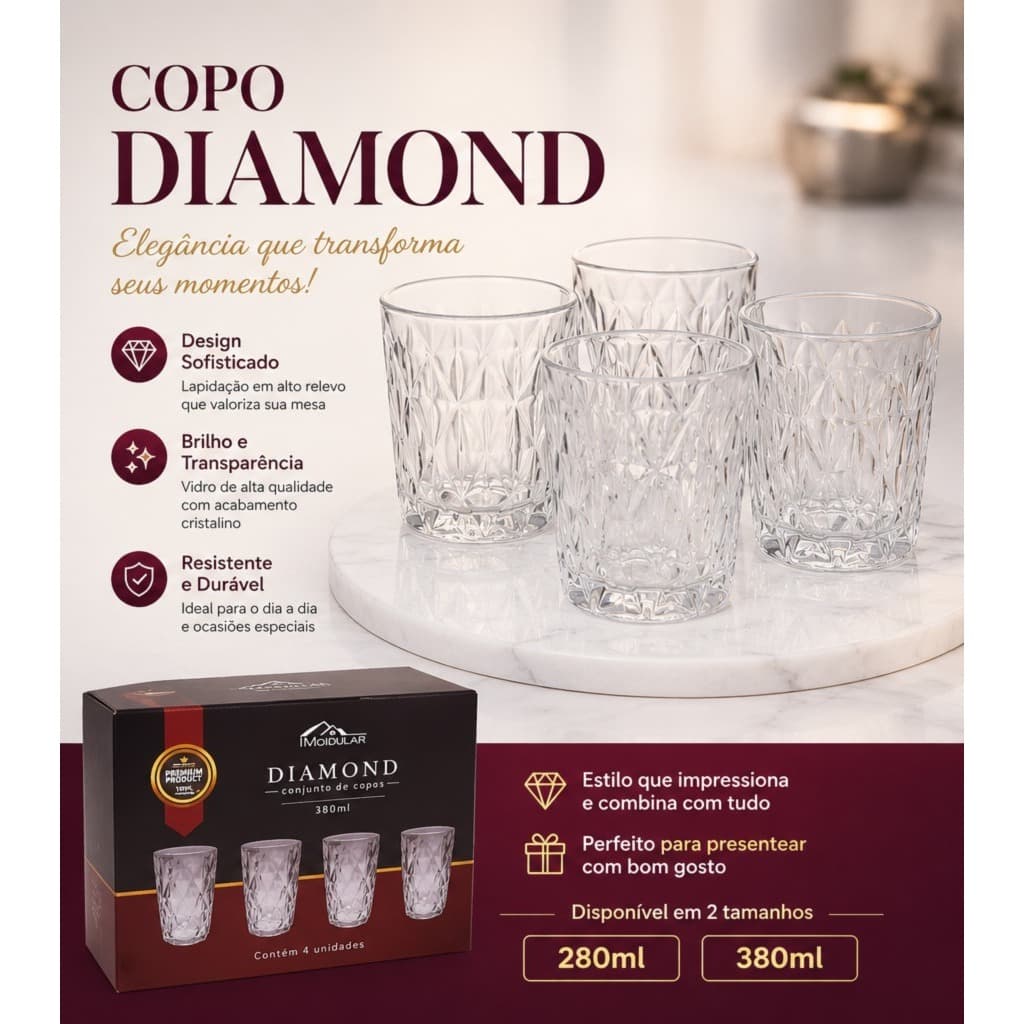 Kit 4 Copos Diamond de Vidro 320ml | Copo Elegante para Água, Suco, Drinks e Whisky