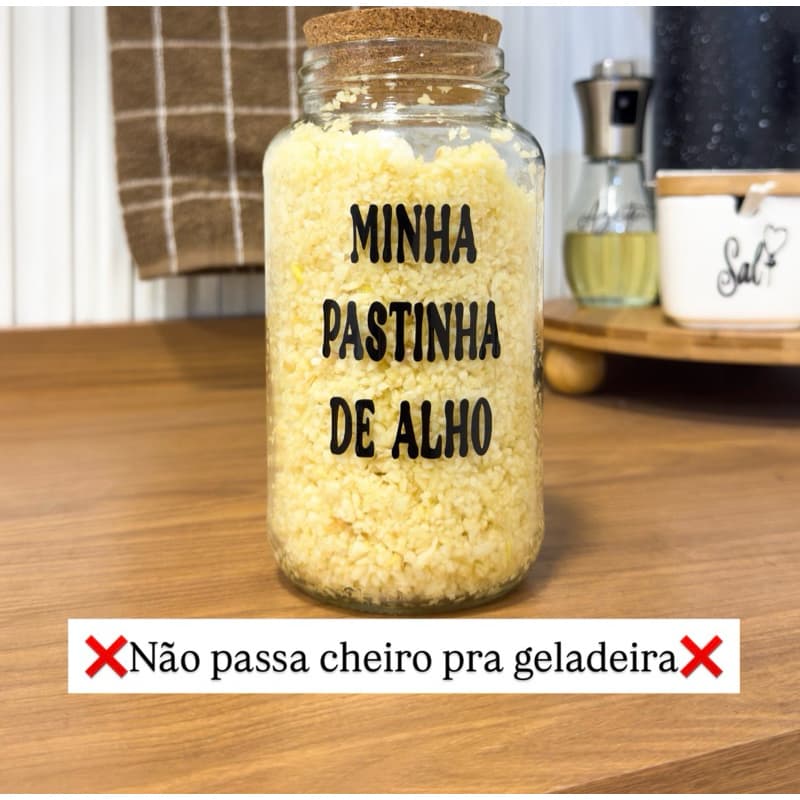 Pote Porta Alho De Vidro Hermético Minha Pastinha De Alho - Organizador De Cozinha E Geladeira Minimalista Letra Preta