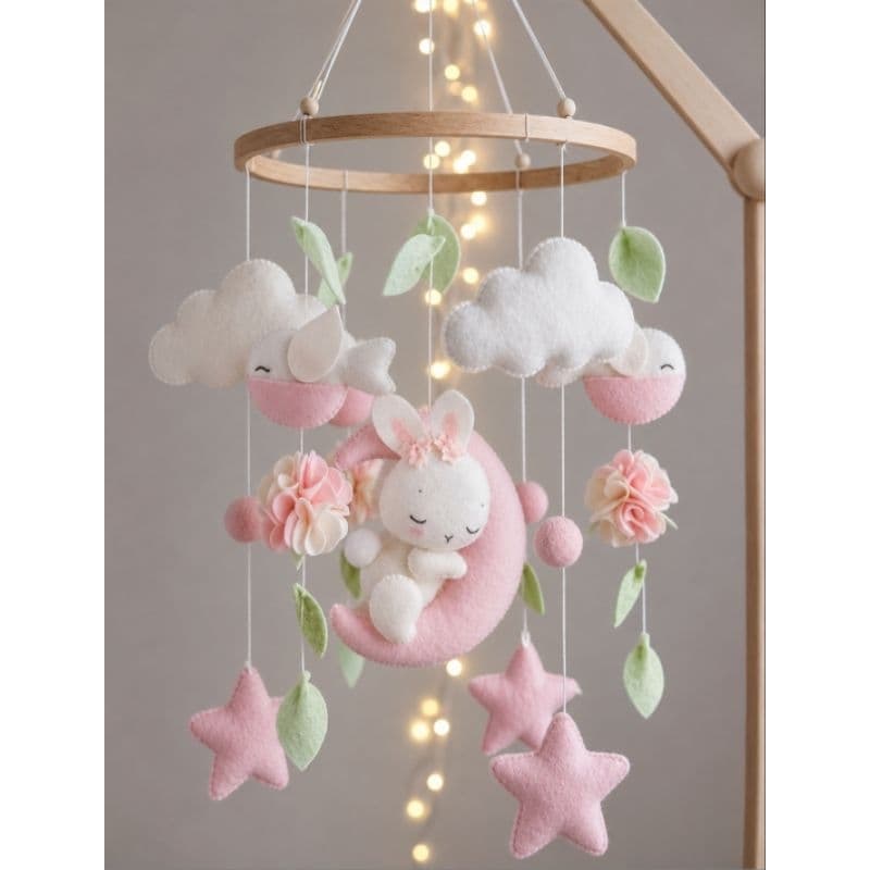 Móbile de berço Coelhinha, Flores, Floresta, Jardim, Menina, Móbile para quarto de bebê menina