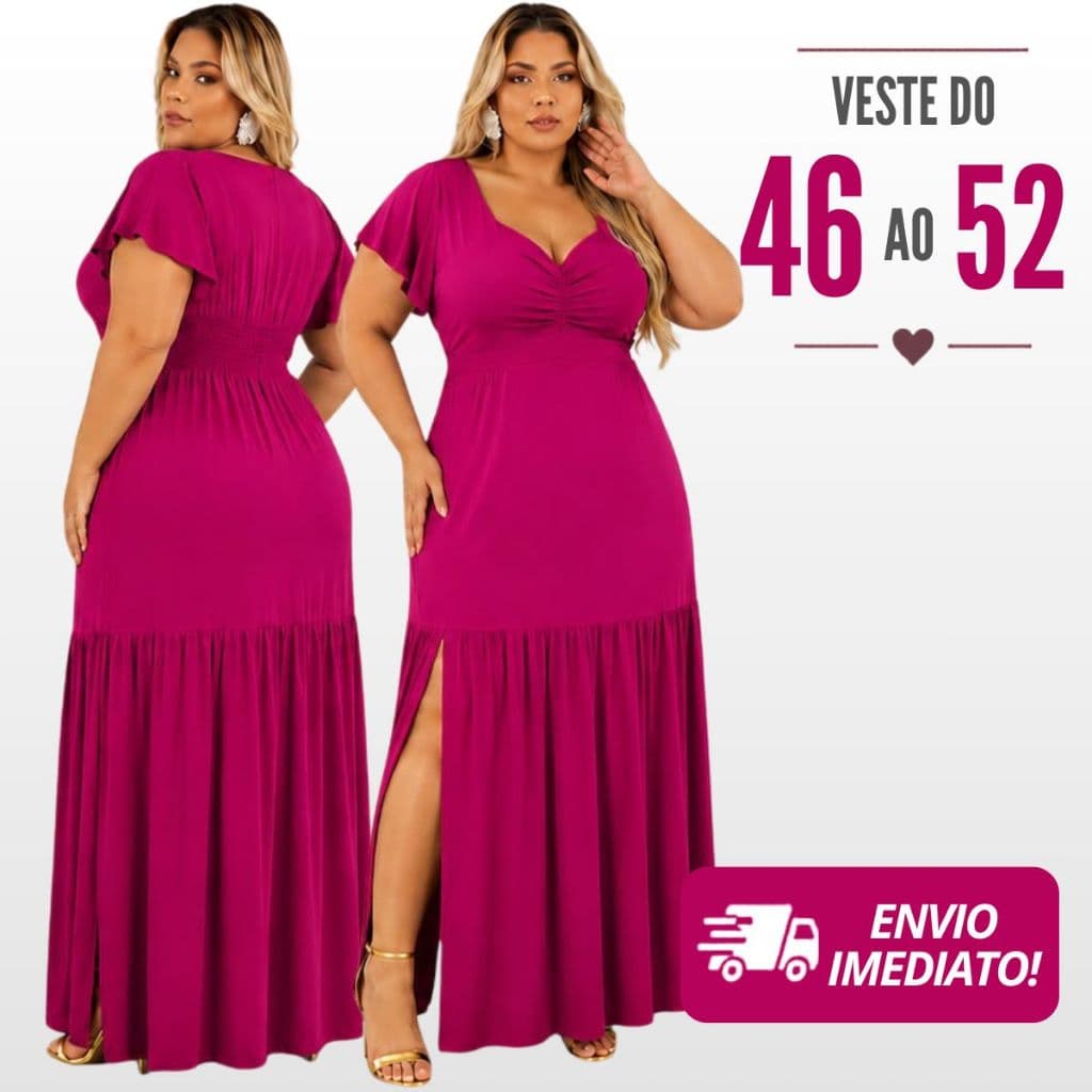 Vestido Longo Plus Size Moda Maior Crepe Dunas com Lastex | Fenda Lateral | Manga Fluída | Elegante, Sofisticado, Casual