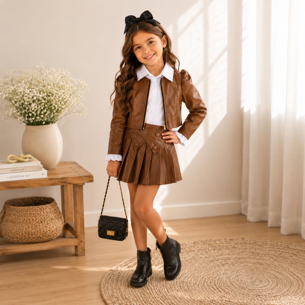 Conjunto Infantil Blogueirinha Jaqueta Com Ziper Frontal Manga bufante E Short Saia Plissada Com Botão