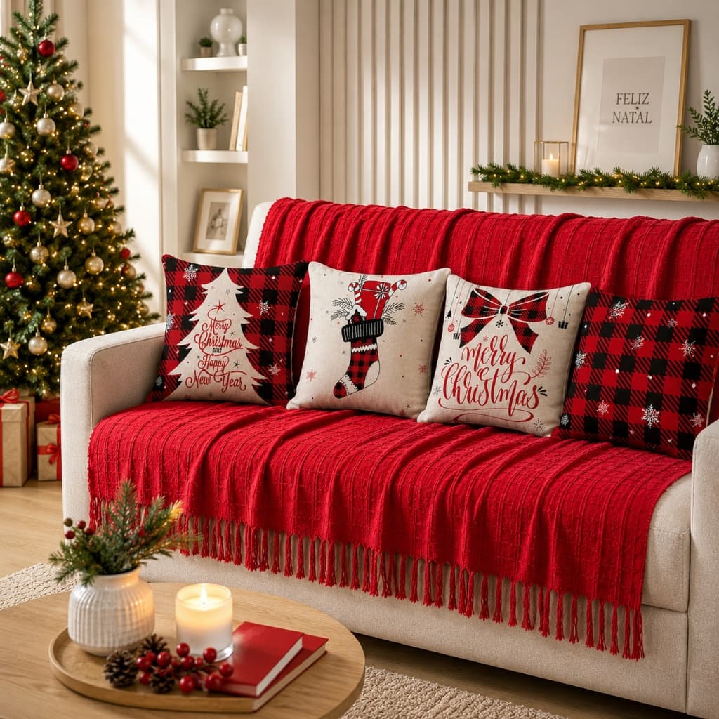 Kit Manta Decorativa P + 4 Capas de Almofadas Natalinas Estampa Digital Decoração Natal