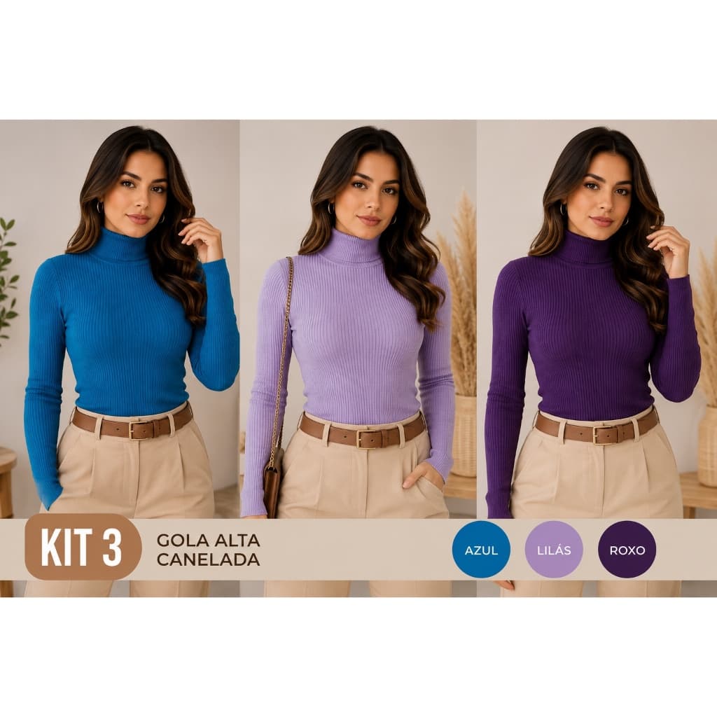Kit 3 Blusas Cacharrel Feminina Gola Alta Canelada Inverno Manga Longa