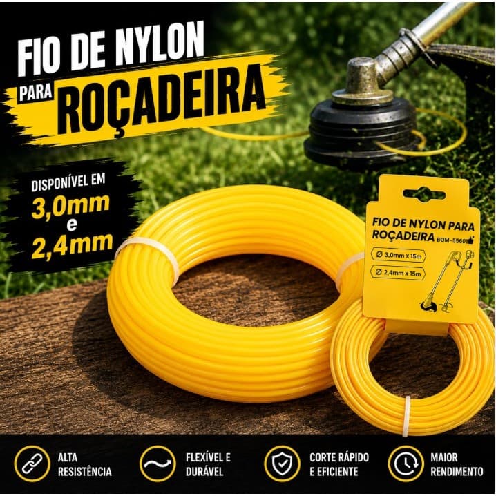 Fio de Nylon para Roçadeira 2,4mm ou 3,0mm x 15m Bomvink Alta Resistência