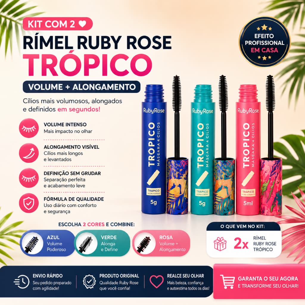 Kit 2 Rímel Ruby Rose 💄 Volume e Alongamento – Cílios Definidos Escolha Suas Cores