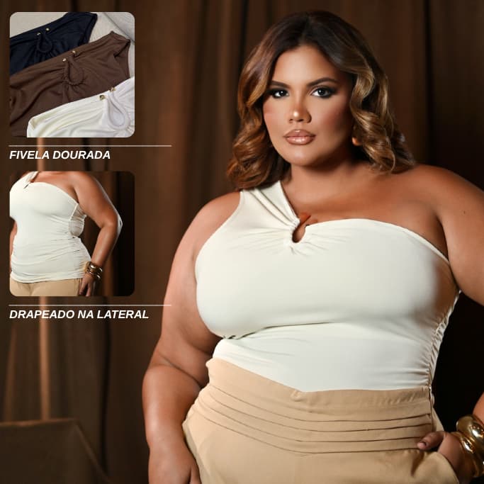 Blusa Plus Size Ombro Único Fivela em Dourado Tecido Premium Forro Duplo Sustentação Modela o Corpo