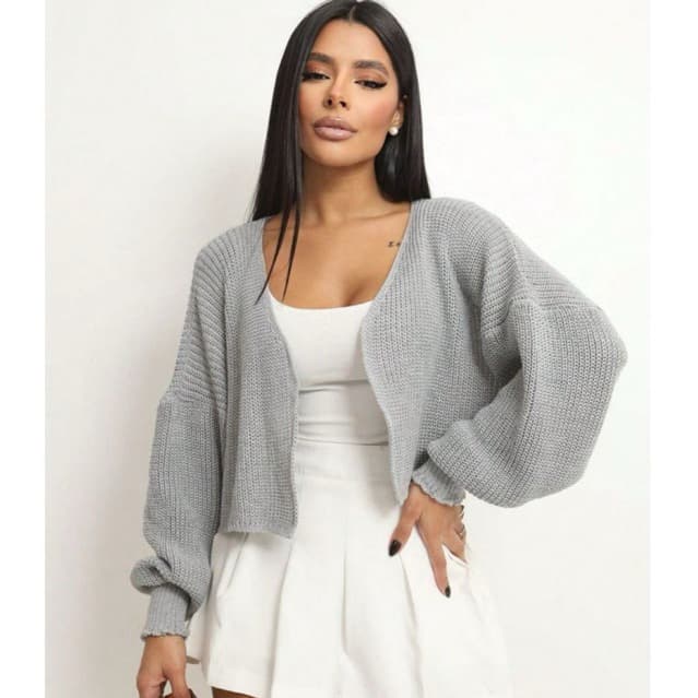 Cardigan Curto aberto Oversized em malha Tricot Casaquinho Blusa Feminina Manga comprida aberta elegante