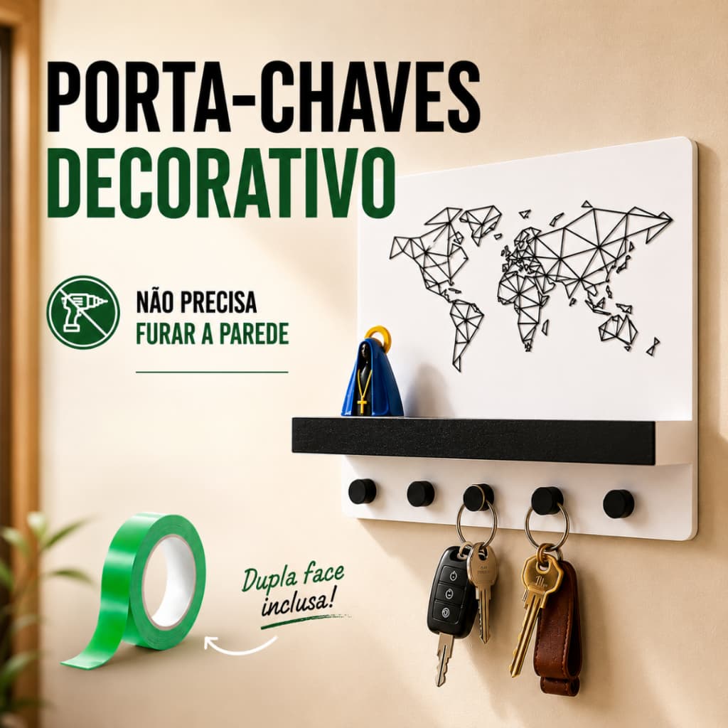 Porta Chaves Mapa Mundi de Parede com Prateleira Organizador Decorativo Hall de Entrada Premium
