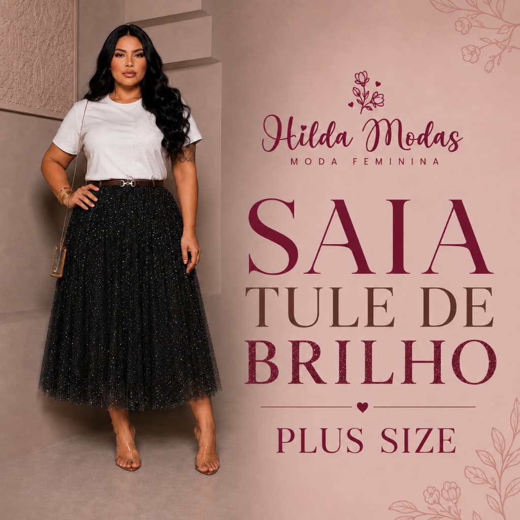 Saia PLUS SIZE G1, G2, G3, G4 Tule Cristal Midi Brilho Glitter forrada Moda evangélica Fardamento Festividade Congresso