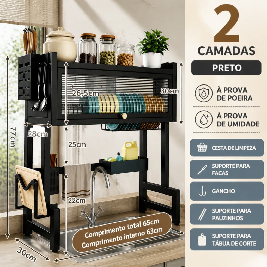 Escorredor de Louça Suspenso Modular 65cm Organizador de Cozinha Duplo com Porta Estante de Aço Resistente