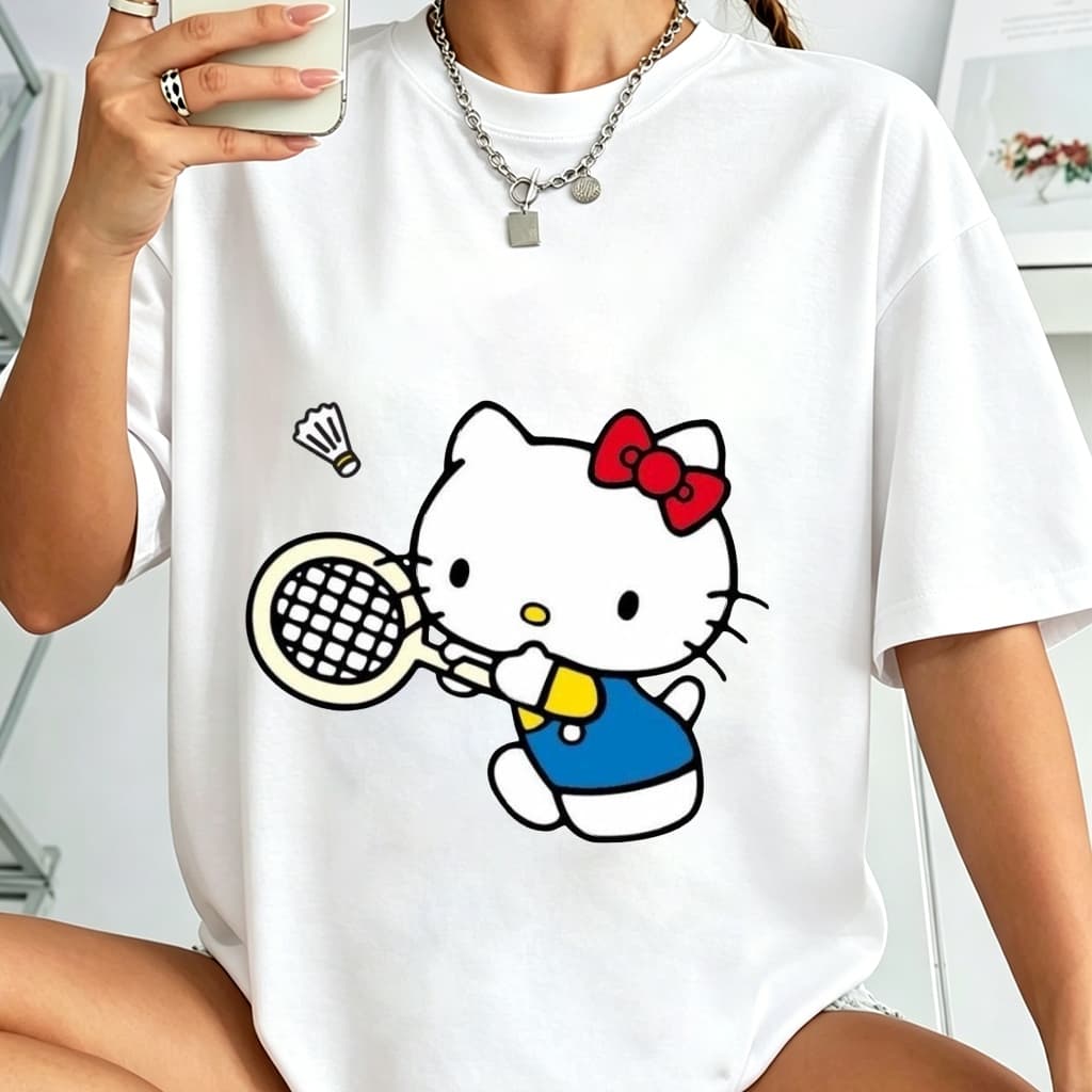 Camiseta 100% Algodão Feminina Hello Kitty Raquete de Badminton Peteca Esporte,Plus Size P ao G3