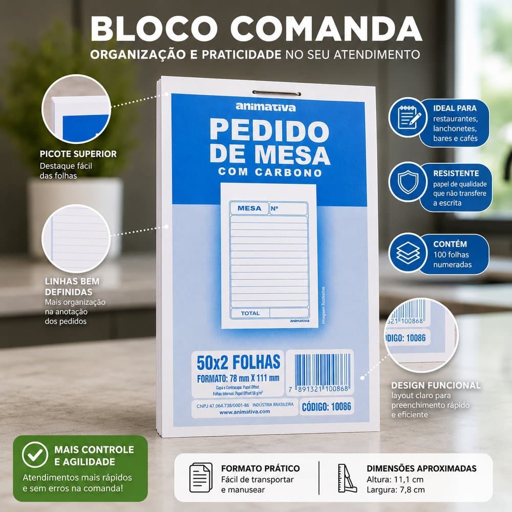 Bloco Pedido de Mesa com Carbono 50x2 Vias Comanda para Restaurante Bar Lanchonete Pizzaria Garçom