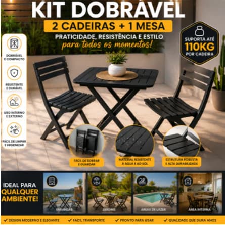Kit Mesa Dobrável com 2 Cadeiras Bistrô  Resistentes Suporta Até 110kg