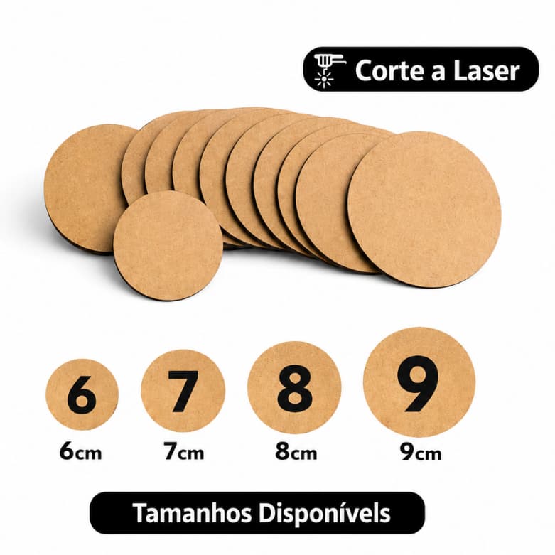 Bolacha de MDF Circulo/Redondo 6cm - 7cm - 8cm - 9cm Suporte/Aplique mdf