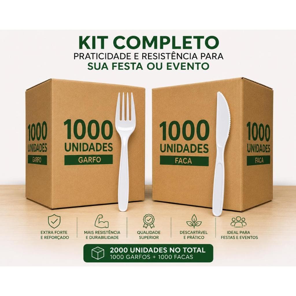 KIT OU CAIXA 1000 Garfos + 1000 Facas Descartáveis Extra Fortes Reforçados Branco Festa e Eventos