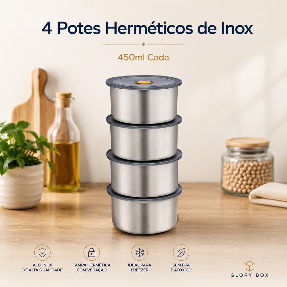 Kit 4 Potes Herméticos Inox 450ml Marmita Geladeira Organização Cozinha Vedação Empilhável