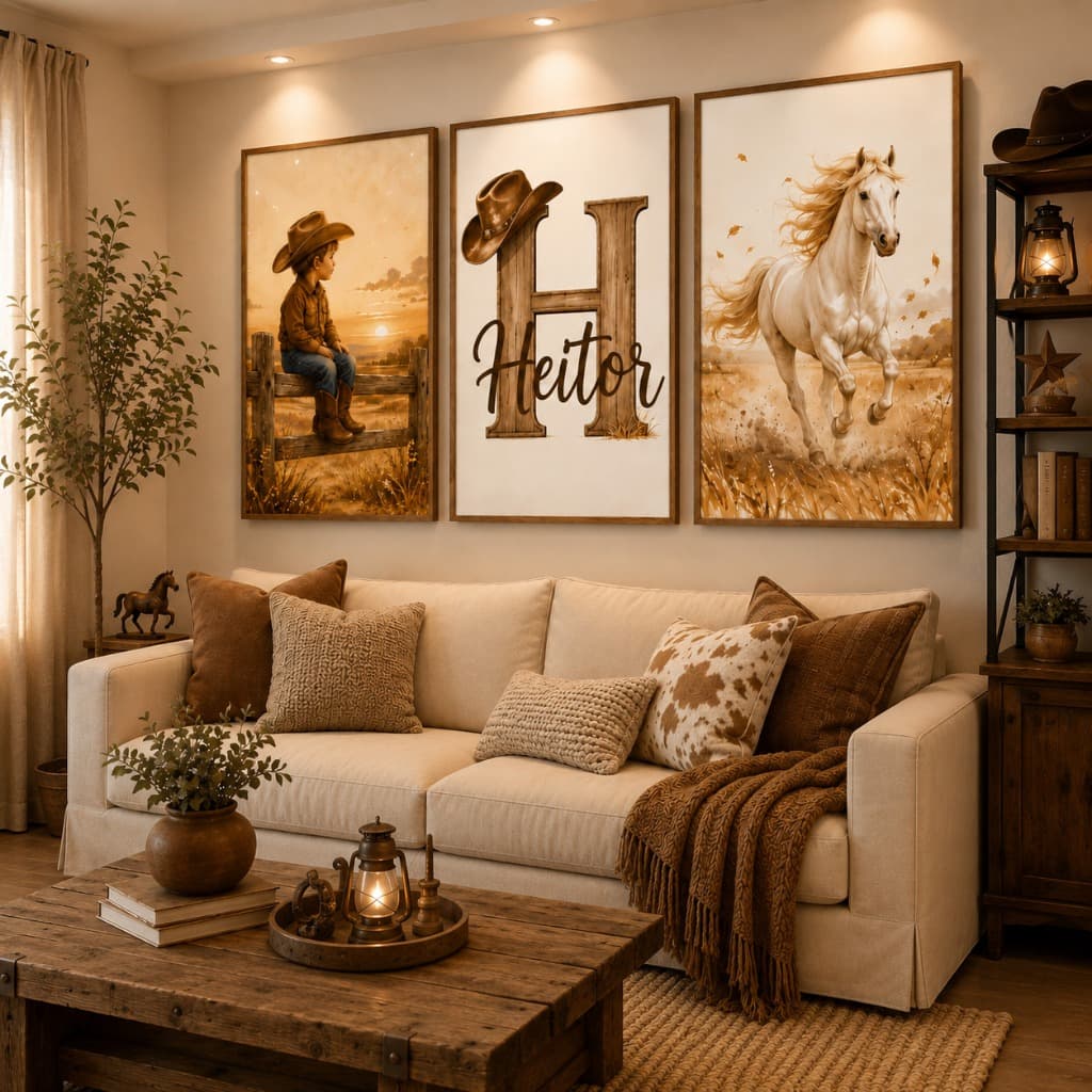 Kit 3 Quadros Country Infantil Personalizado com Seu Nome Cowboy Bebê Cavalo Decorativo para Quarto
