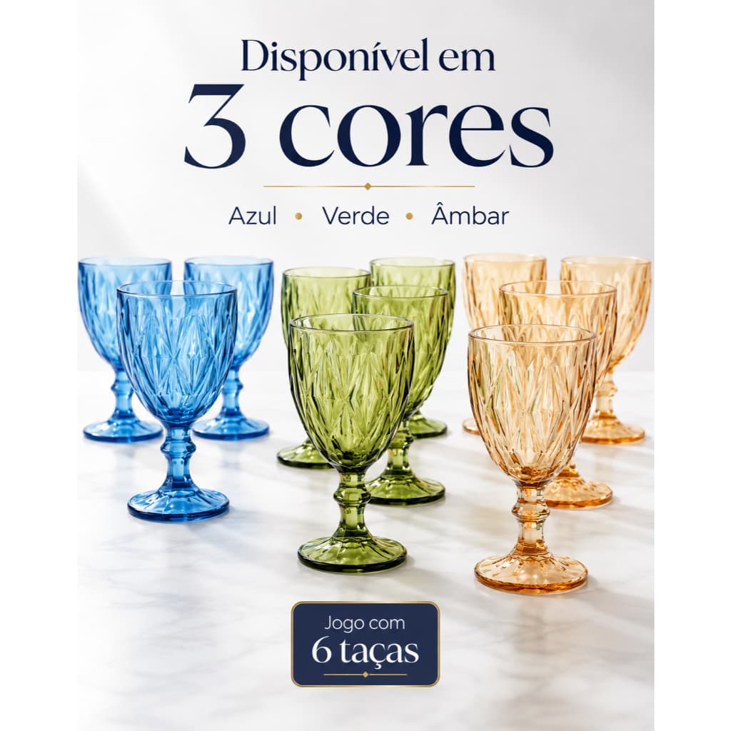 Jogo 6 Taças Diamond de Vidro 300ml Água Vinho Suco Drink Mesa Posta Cozinha Bar Premium