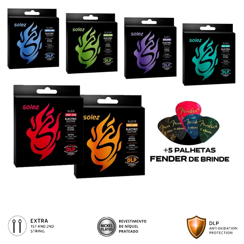 Encordoamento Jogo de Corda Solez Guitarra SLG9 SLG95 SLG10 SLG105 SLG11 SLG12 cordas MI e SI Extra